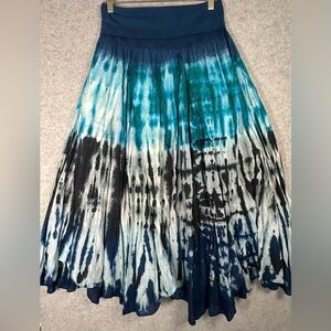 Baba Womens Boho Hippie Tie-Dye Maxi twirl skirt in Teal, Navy & Black Fold Over